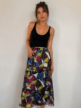 São Paulo Butterfly Print Tiered Midi Skirt | US 10 | Colorful Mesh Overlay
